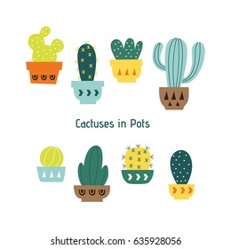 Set of Hand Drawn Cactuses and Succulents in Pots / Cactus Isolation on White Backgraund.