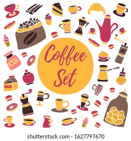 Set of hand drawn cafe elements isolated on a white background. Design elements for cafe menu or coffee shop. Vector stock illustration. 