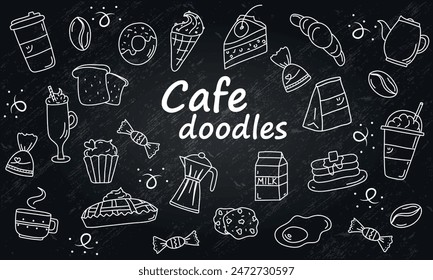 Set of Hand Drawn Cafe White Doodles on a Black Background with Grunge Texture, Icons Cafe, Concept, Outline, Sketch, Breakfast, Coffee, Sweet, Pie, Cake, Pancakes, Ice Cream, Donut, Vector Illustrati