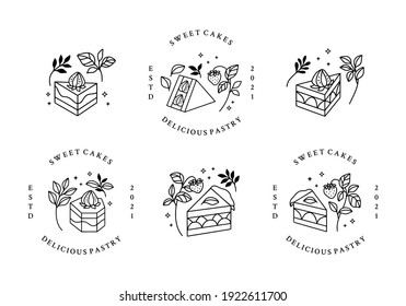 Set of hand drawn cake, pastry and bakery logo elements isolated on white background
