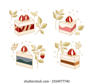 Set of hand drawn cake, pastry and bakery elements with strawberry and floral illustrations for food logo, brand, sticker or product decoration