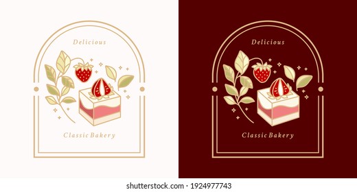 Set of hand drawn cake, pastry and bakery elements with strawberry and floral illustrations for food logo, brand, sticker or product decoration
