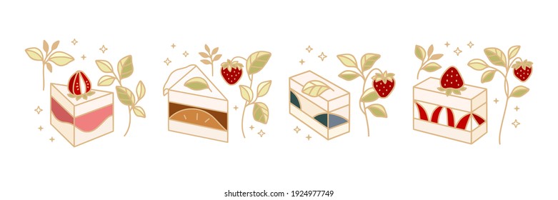 Set of hand drawn cake, pastry and bakery elements with strawberry and floral illustrations for food logo, brand, sticker or product decoration