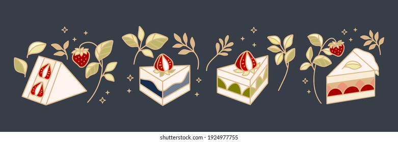 Set of hand drawn cake, pastry and bakery elements with strawberry and floral illustrations for food logo, brand, sticker or product decoration