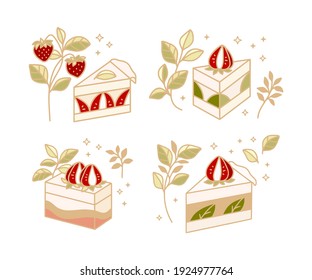 Set of hand drawn cake, pastry and bakery elements with strawberry and floral illustrations for food logo, brand, sticker or product decoration
