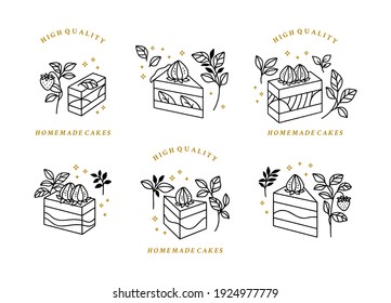 Set of hand drawn cake, pastry and bakery elements with strawberry and floral illustrations for food logo, brand, sticker or product decoration