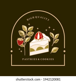 Set of hand drawn cake, pastry and bakery elements with strawberry and floral illustrations for food logo, brand, sticker or product decoration with vintage frame