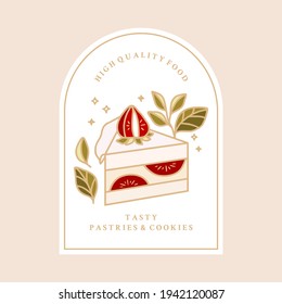 Set of hand drawn cake, pastry and bakery elements with strawberry and floral illustrations for food logo, brand, sticker or product decoration with vintage frame