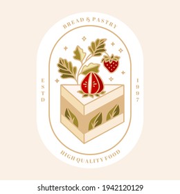 Set of hand drawn cake, pastry and bakery elements with strawberry and floral illustrations for food logo, brand, sticker or product decoration with vintage frame