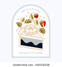 Set handgezeichnete Kuchen-, Gebäck- und Bäckereielemente mit Erdbeeren und Blumenillustrationen für das Lebensmittellogo, die Marke, den Aufkleber oder die Produktdekoration mit Vintage-Rahmen