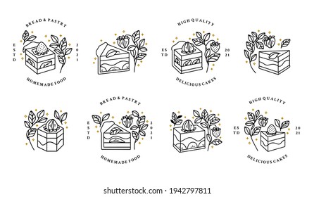 Set handgezeichnete Kuchen, Gebäck und Bäckereielemente mit Erdbeeren und Blumenillustrationen für das Lebensmittellogo, die Marke, den Aufkleber oder die Produktdekoration mit linearem Stil