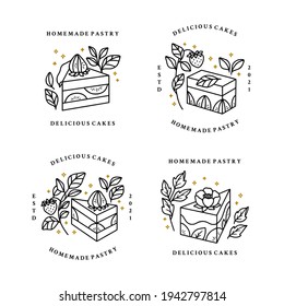 Set of hand drawn cake, pastry and bakery elements with strawberry and floral illustrations for food logo, brand, sticker or product decoration with linear style