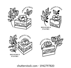 Set of hand drawn cake, pastry and bakery elements with strawberry and floral illustrations for food logo, brand, sticker or product decoration with linear style