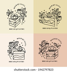 Set of hand drawn cake, pastry and bakery elements with strawberry and floral illustrations for food logo, brand, sticker or product decoration with linear style