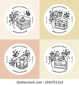 Set of hand drawn cake, pastry and bakery elements with strawberry and floral illustrations for food logo, brand, sticker or product decoration with linear style