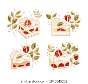 Set of hand drawn cake, pastry, bakery logo element collection isolated on white background with strawberry fruit, cheese, and natural leaf branch illustration elements