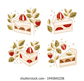 Conjunto de pasteles dibujados a mano, pastelería, colección de elementos del logo de la panadería aislados en fondo blanco con elementos de ilustración de fresa, queso y bifurcación de hojas naturales
