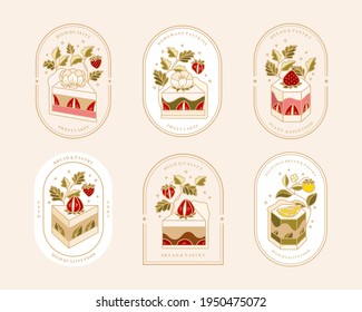 Conjunto de pasteles, pastelería y panadería a mano con fresa, peonía, flor de rosa, té verde, matcha, caramelo e ilustraciones florales para el logotipo de los alimentos, marca, pegatina o decoración de productos