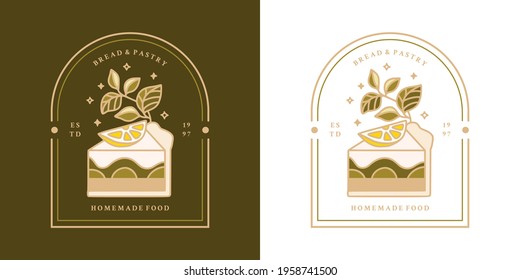 Set of hand drawn cake, pastry and bakery elements with lemon, orange, and floral illustrations for food logo, emblem, icon, brand, sticker or product decoration