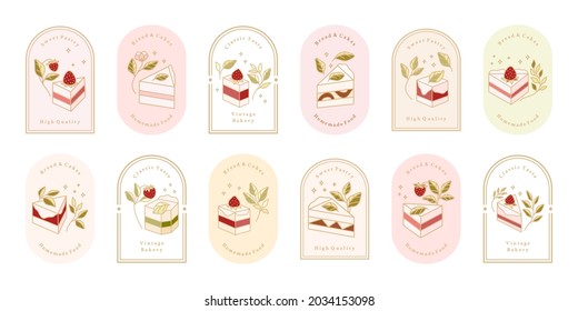 Conjunto de pasteles, pastelería y panadería a mano con ilustraciones vectoriales de fresa y floral para el logotipo de alimentos, marca, pegatina o decoración de productos