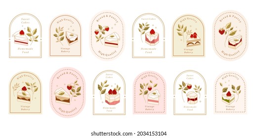 Set of hand drawn cake, pastry and bakery elements with strawberry and floral vector illustrations for food logo, brand, sticker or product decoration