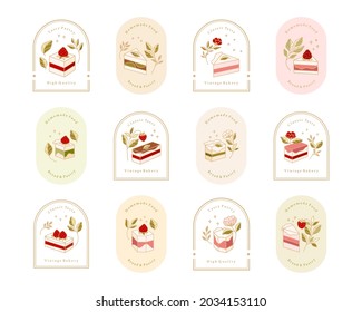 Set of hand drawn cake, pastry and bakery elements with strawberry and floral vector illustrations for food logo, brand, sticker or product decoration