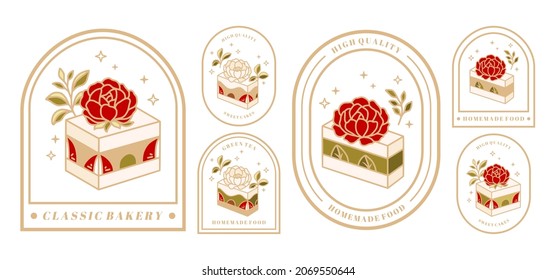 Set of hand drawn cake, pastry and bakery elements with strawberry and floral illustrations for food logo, brand, sticker or product decoration
