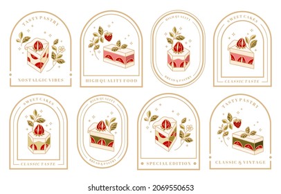 Set of hand drawn cake, pastry and bakery elements with strawberry and floral illustrations for food logo, brand, sticker or product decoration