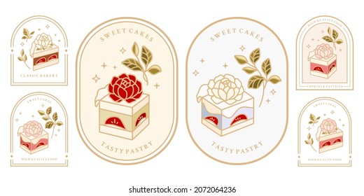 Set of hand drawn cake, pastry and bakery elements with strawberry and floral illustrations for food logo, brand, sticker or product decoration