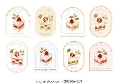 Set of hand drawn cake, pastry and bakery elements with strawberry and floral illustrations for food logo, brand, sticker or product decoration
