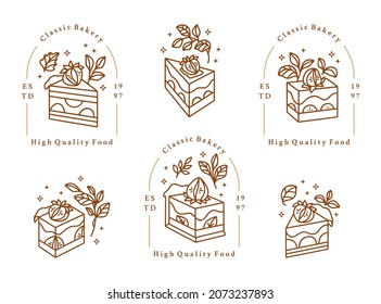 Set of hand drawn cake, pastry and bakery elements with strawberry and floral illustrations for food logo, brand, sticker or product decoration