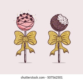 Set of Hand Drawn Cake Pops with Gold Glitter Bow.