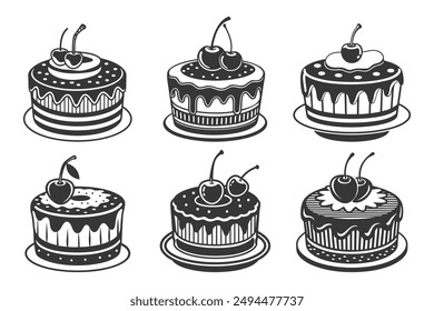 Set of hand drawn cakes with cherries, engraving, baking silhouettes. Black and white illustration, icons