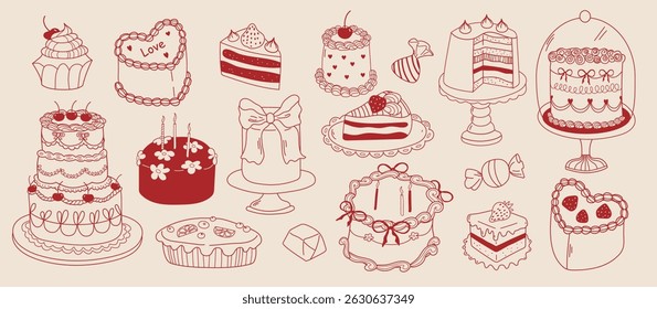 Set of hand drawn cakes, cupcakes, pies and desserts. Whimsical doodle pastry in coquette style. Line art sweet pastry food for wedding invitations, birthday cards, party decor, bakery menu . Vector 
