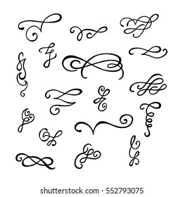 Set of hand drawn calligraphic design elements. Flourish swirl ornate decoration for wedding cards, in invitations, postcard, menu, romantic style.