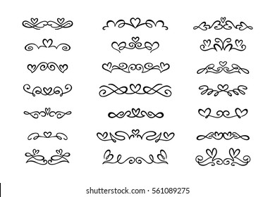 Set of hand drawn calligraphic design elements for Valentines day. Flourish swirl ornate decoration for wedding cards, in invitations, save the date cards, postcard, menu, romantic style