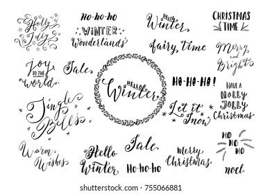 Set of hand drawn calligraphic phrases and lettering for Happy New Year 2018 and Merry Christmas. Vector illustration.