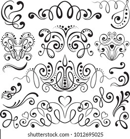 Set of hand drawn calligraphic swashes with brush strokes. Vintage calligraphic vector design elements swirls vignettes ornaments. Decorative curves, curls, flourishes for text and page design.