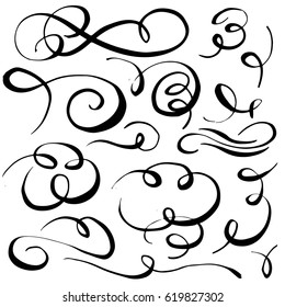 Set of hand drawn calligraphic swashes with brush strokes. Vector decorative elements. Curves, curls, flourishes for text and page design.