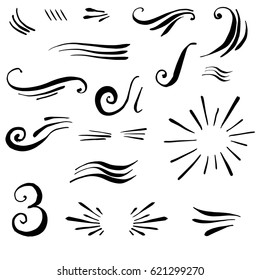 Set of hand drawn calligraphic swashes with brush strokes. Vector decorative elements. Curves, curls, flourishes for text and page design.