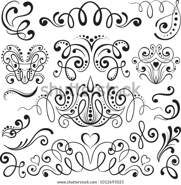 Set of hand drawn calligraphic swashes with brush\
strokes. Vintage calligraphic vector design elements swirls\
vignettes ornaments. Decorative curves, curls, flourishes for text\
and page design.