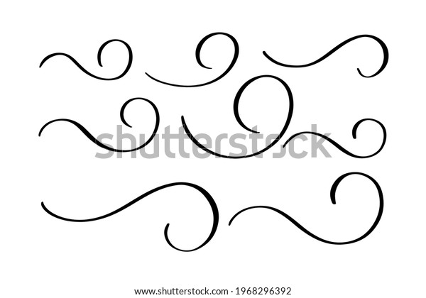 Set of hand drawn calligraphic swashes with brush\
strokes. Vector decorative elements. Curves, curls, flourishes for\
text and page design