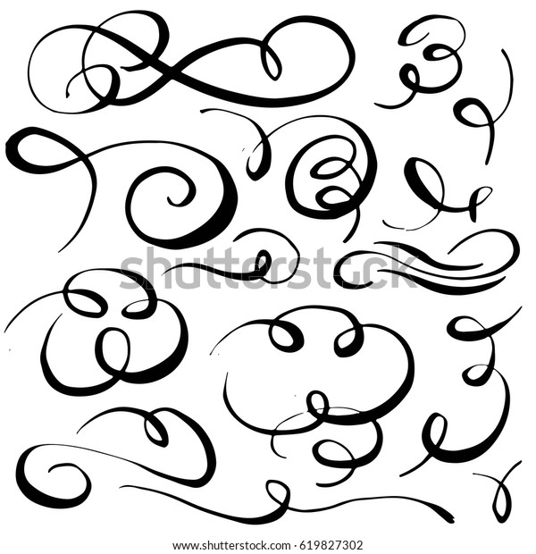 Set of hand drawn calligraphic swashes with brush\
strokes. Vector decorative elements. Curves, curls, flourishes for\
text and page design.