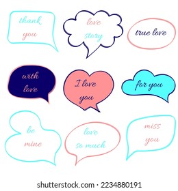 Conjunto de texto caligráfico dibujado a mano con palabra de amor. Ilustración vectorial. Texto con letras de amor para la decoración tarjeta de boda, día de San Valentín
