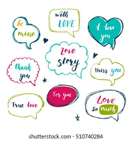 Set of hand drawn calligraphic text with love word. Vector illustration. Love lettering text for decoration wedding card, valentines day.