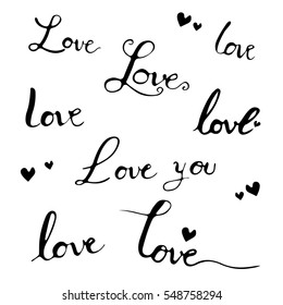 Set of hand drawn calligraphic text with love word. Vector illustration. Love lettering text for decoration wedding card, valentines day.