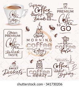 Set of Hand Drawn Calligraphic Vector Coffee Labels