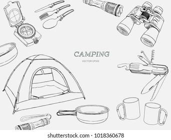 Set of hand drawn camping equipment drawings. Sketches. Hand-drawing. Vector illustration of for design and packages product. Vector Illustration.