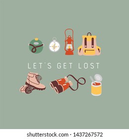 Set handgezeichnete Symbole und Symbole für Campingausrüstung, Wandern, Bergsteigen und Camping-Doodle-Elemente, Vektorillustration-Illustration, Tasche, Flasche, Binokular, Bohnen, Lattern und "Lets get Love Love Love"-Schriftzeichen