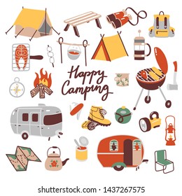 Set of hand drawn camping equipment symbols and icons, hiking, mountain climbing and camping doodle elements, vector illustration, camp clothes, shoes, food, gear and camp associated things